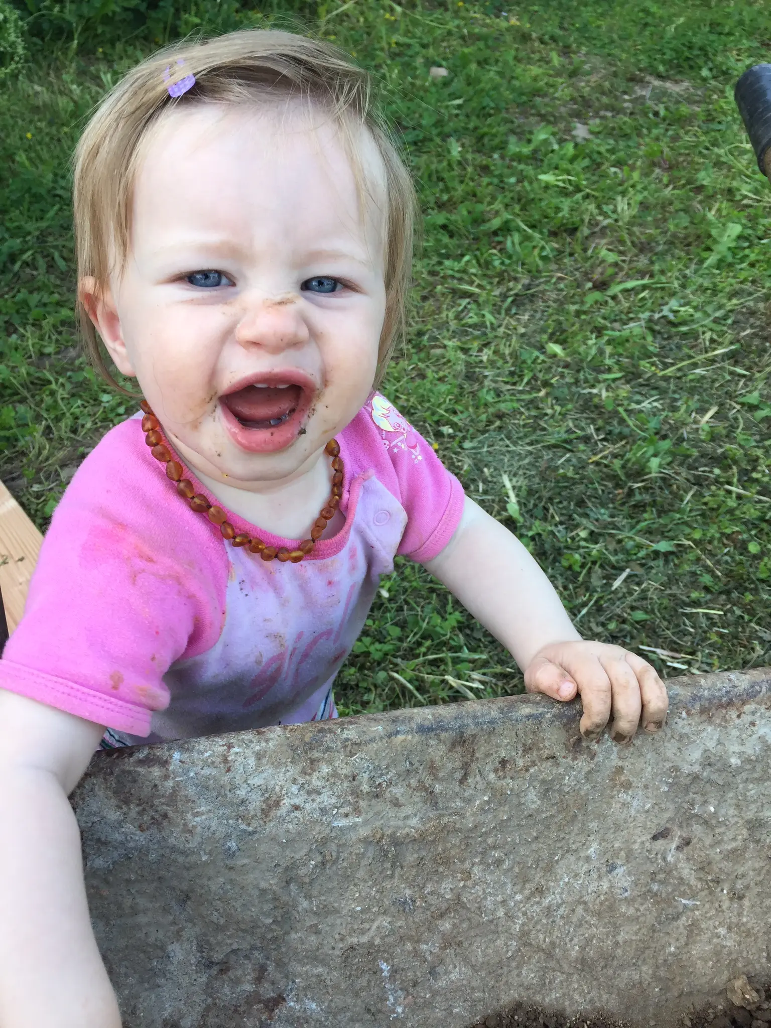 Olivia grinning over a wheelbarrow, dirt on her shirt and chin