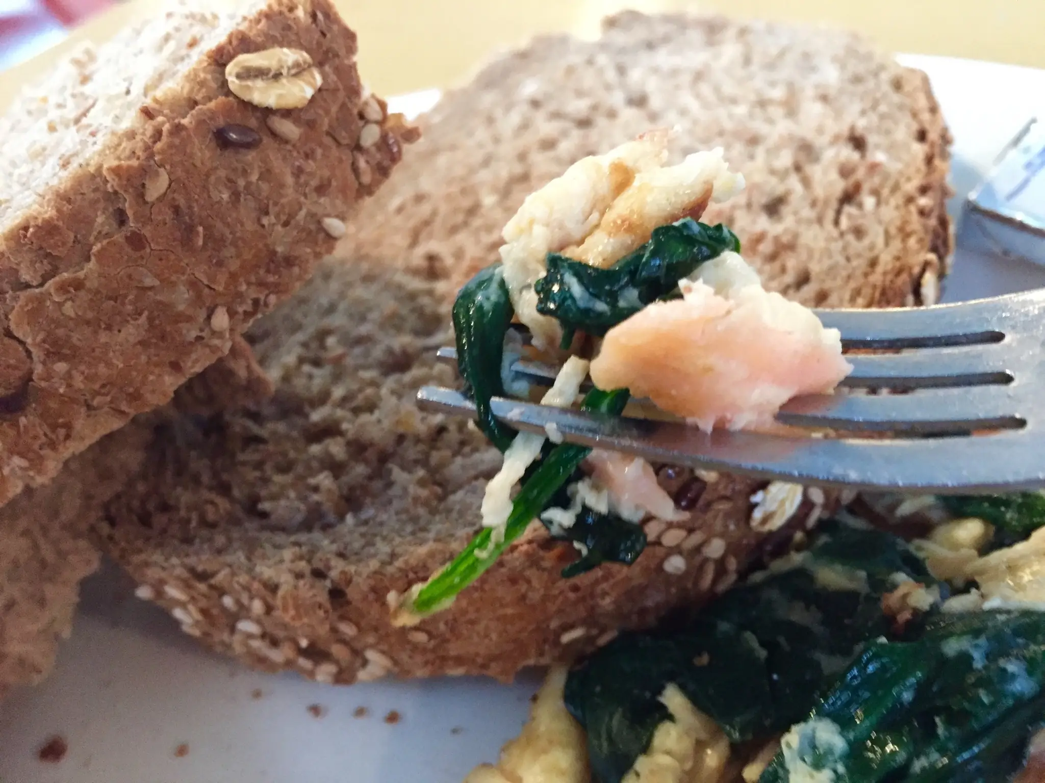 Salmon and spinach and scrambled eggs