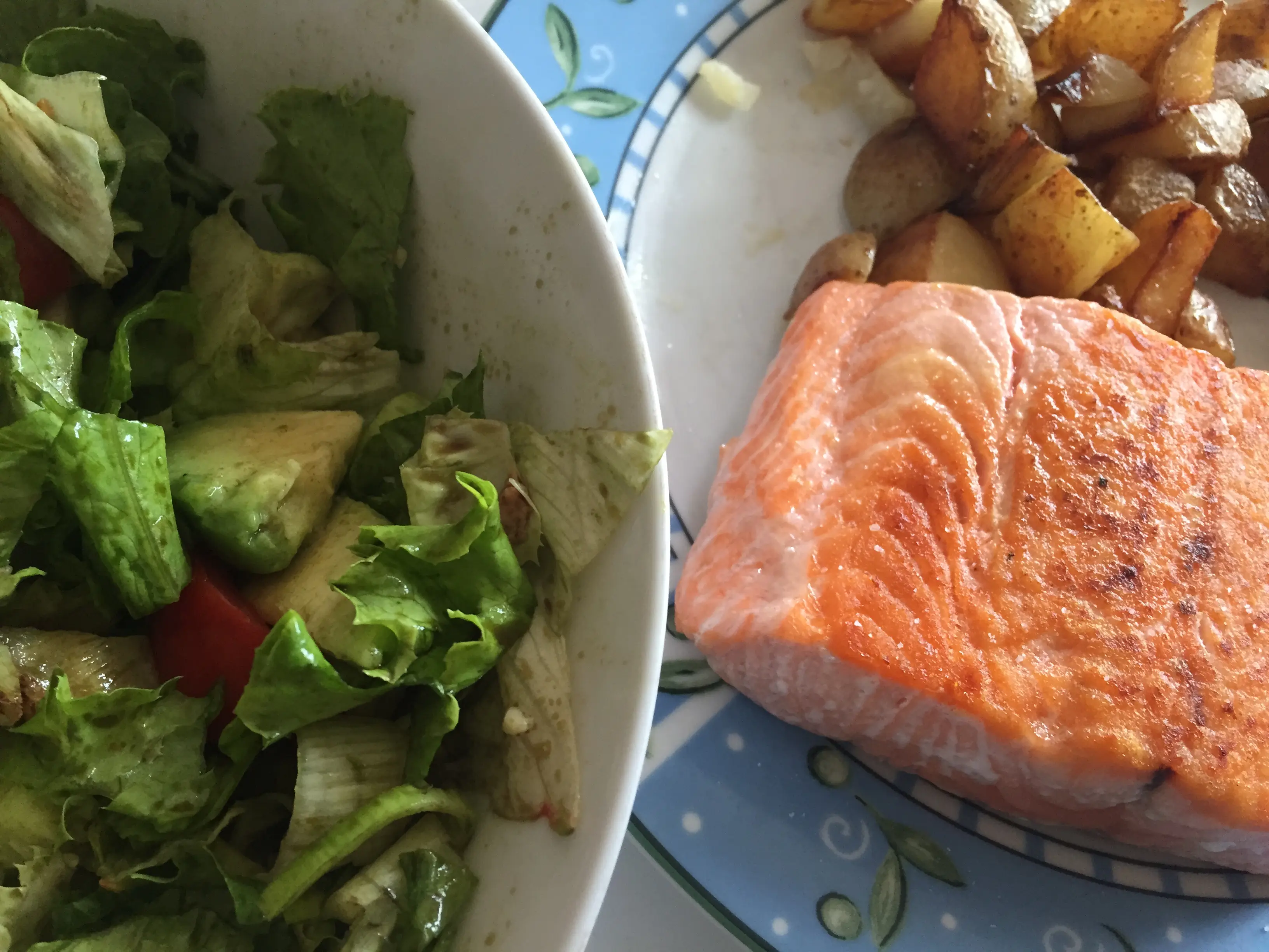 Recovery meal: 1 hour post shake. Salmon, potatoes, and a divine salad.